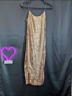 Rose Gold Sequin Slip Dress Thigh Split Speghatti Straps Low Back Sparkly